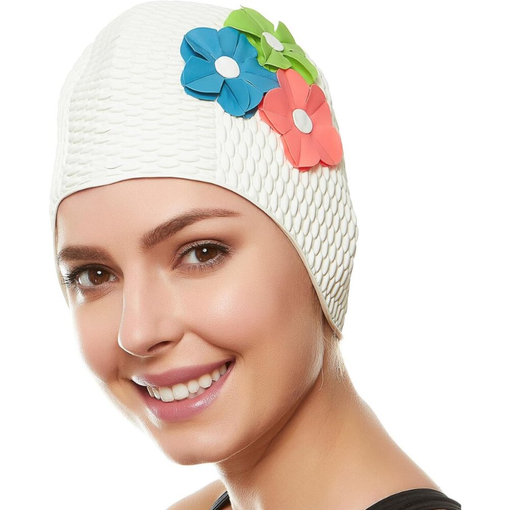 Beemo Latex Swimming Cap for Women Shield Hair from Damage-White/GreenBluePurple